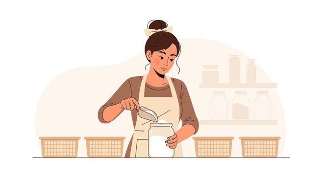 Woman Fills Jar In Kitchen For Sustainable Zero Waste Lifestyle Concept