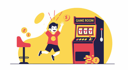Fototapeta premium Successful Game Victory Depicts Boy Jumping for Joy Next to a Slot Machine