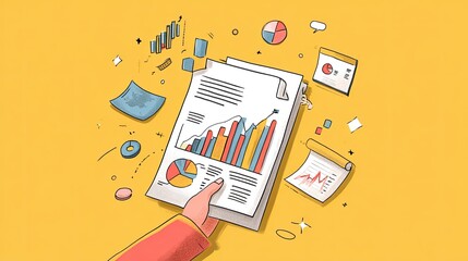 Analyzing financial report, growth charts, office background, data analysis