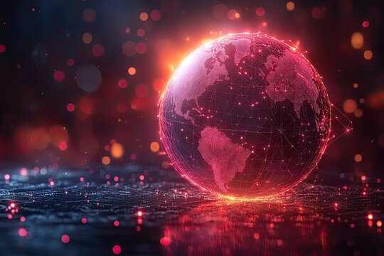 Global Network: Red Illuminated Earth, Digital Connections, Abstract Background
