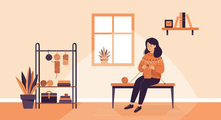Fototapeta premium Woman Knits Wool In Her Room With A Cozy And Calm Environment
