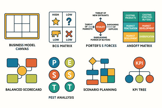 Icon Set of 8 Strategic Business Analysis Tools Including BCG Matrix and PEST Analysis