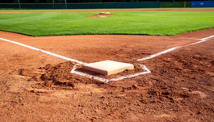 Close-up of a baseball second base.  A light beige square base sits in the center of a reddish-brown infield, surrounded by white lines.  Green outfield grass visible in the background