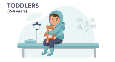 Fototapeta premium Toddler Comforted By Teddy Bear During Medical Checkup With Healthcare Equipment