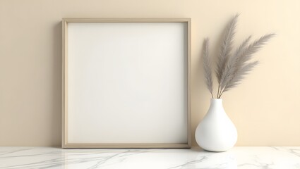 Stylish vertical frame mockup on a marble surface with pampas grass in a vase against a light beige wall, ideal for art or photography.