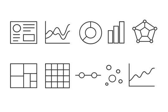 Set of Minimalistic Black-and-White Data Visualization Icons: Charts, Graphs, and Dashboards