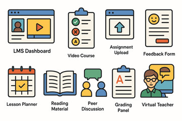 Online Learning Management System Icon Set with LMS Dashboard, Assignment Upload, and Virtual Teacher