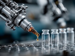 Precision Laboratory Robot Dispensing Liquid Into Vials, Pharmaceutical Production Technology

