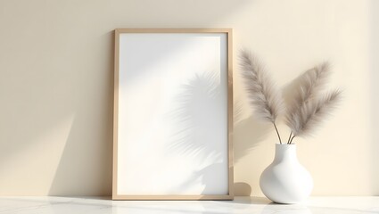 Minimalist vertical wooden frame mockup with pampas grass, leaning against a light beige wall for showcasing art or photos.