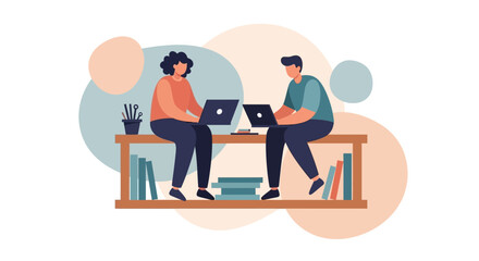 Two Freelancers Working Together Remotely Sitting On a Shelf With Decorative Elements