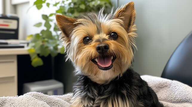 A cheerful Yorkshire Terrier with a happy expression at a veterinary clinic.