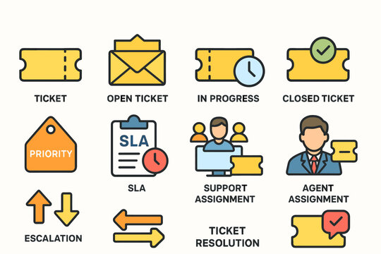 Colorful Icons Set Representing Ticketing and Customer Support System Stages