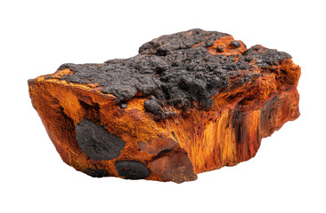 Close-up of a rough, uneven rock.  Dark, black patches cover parts, with patches of orange-red