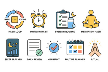 Colorful Icons Collection Depicting Habits and Routines for Personal Improvement