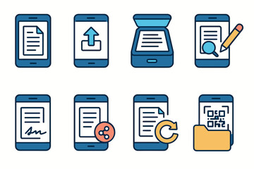 Blue Themed Mobile Document Management Icons Set with Functions Like Editing and Scanning