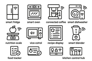 Smart Kitchen Appliances Icons Set: Fridge, Oven, Coffee Maker, and More