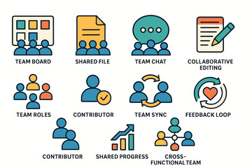 Colorful Teamwork and Collaboration Icons Set Including Team Board, Chat, Roles, and Progress