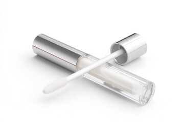 Clear lip gloss tube with silver cap, applicator,  on white background