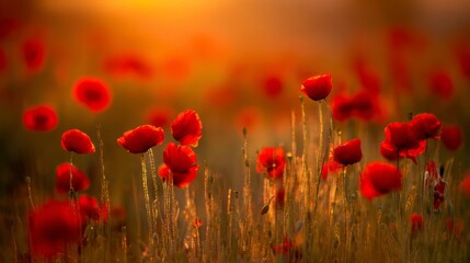 Naklejka premium Vibrant red poppies glowing under the golden light of a sunset. 