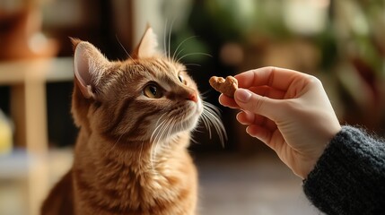 Close-up of a playful orange tabby cat eagerly reaching for a treat held by a human hand.