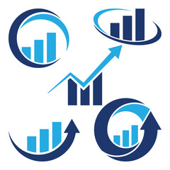 Set of Business Growth Chart Icons, Blue Arrow and Bar Graph Vector Collection