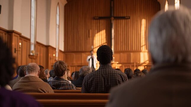 Sunday Church service - the congregation receives a sermon inside the cathedral or temple during a religious ceremony with neighbors