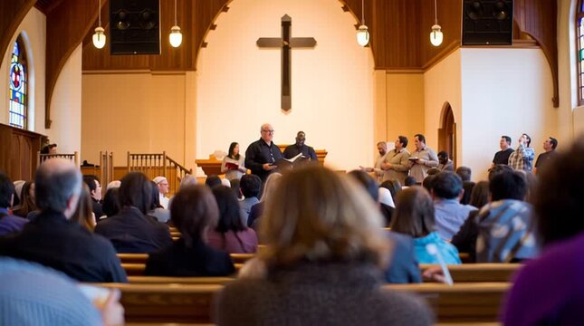 Sunday Church service - the congregation receives a sermon inside the cathedral or temple during a religious ceremony with neighbors