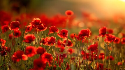Obraz premium Vibrant red poppies glowing under the golden light of a sunset. 