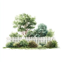 Fototapeta premium Watercolor garden scene with white fence