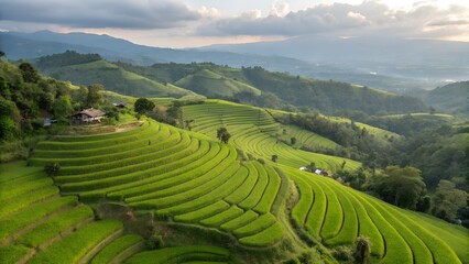 Obraz premium Aerial Shot of Green Rice Terraces on Hillside Landscape