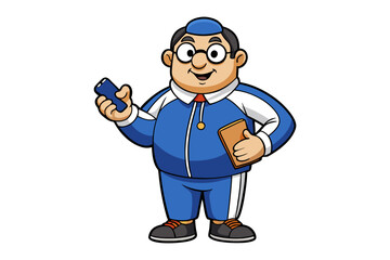 Friendly cartoon man wearing headphones and a tie working on a laptop computer with a smile