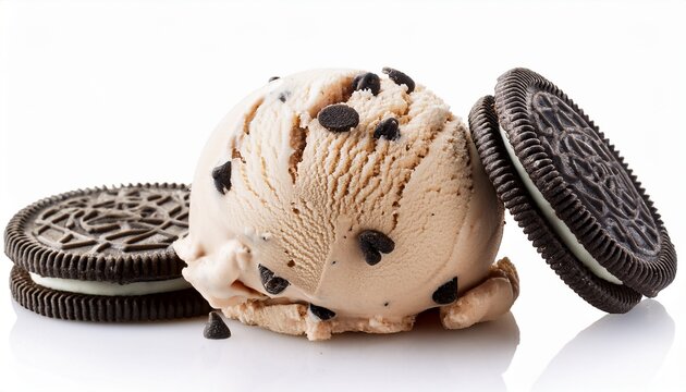 scoop of cookie dough ice cream with oreo cookies isolated on white background