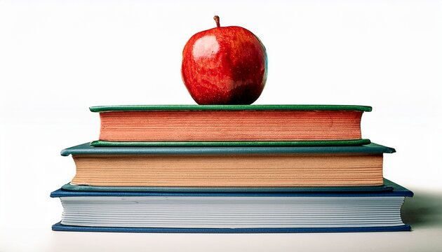 pile of school books with red apple on top back to school isolated background