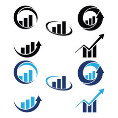 Business Growth Analytics Icons, Blue Bar Graph and Arrow Logo Set