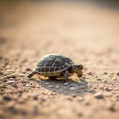 Fototapeta premium Small Tortoise Walking Slowly on Pebble Path 