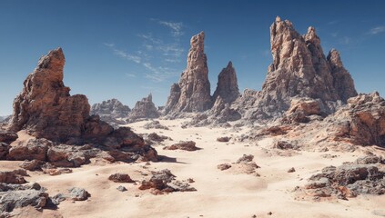 Vast desert landscape with towering sandstone spires