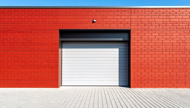 Exterior of a modern red brick building with a white sectional garage door