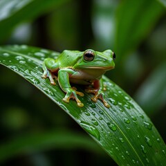 Obraz premium Vibrant Tree Frog Clinging to Wet Leaf 