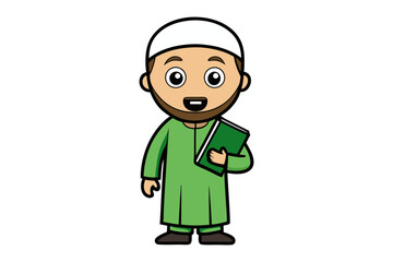 A wise islamic scholar with a beard and traditional attire reads a book of hadith with reverence and focus