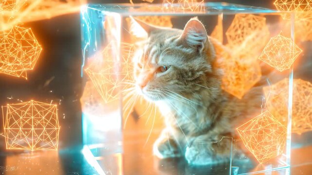 Schrodinger's cat thought experiment represented symbolically transparent box with a stylized cat and quantum symbols