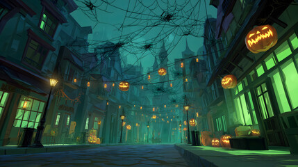 Spooky Halloween street scene with glowing jack-o'-lanterns, spider webs, and eerie green lighting creating a haunted village atmosphere.
