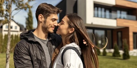 Happy modern couple standing in front yard of their real estate property with home in the background