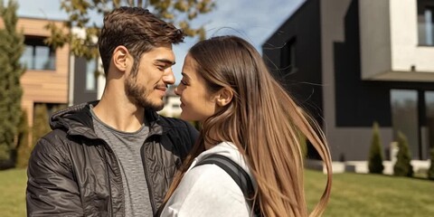 Happy modern couple standing in front yard of their real estate property with home in the background