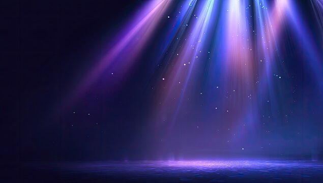 Purple stage lights illuminate empty space, magical particles float, dark background, event backdrop