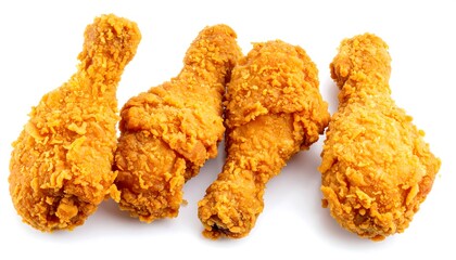 Four golden-brown fried chicken drumsticks arranged in a horizontal row against a pure white background.  The coating is crispy and textured