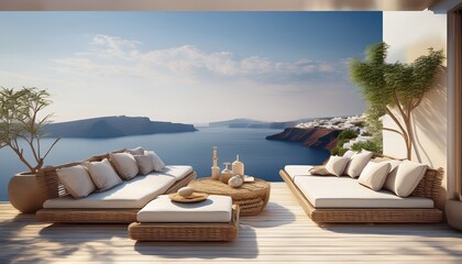 beach luxury lounge terrace on sea view santorini island style 3d rendering © Janet