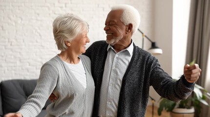 Retirement concept with an older mixed race senior couple enjoying their golden years dancing in the living room den while aging. 