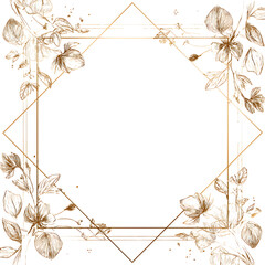 Elegant geometric floral frame with hand-drawn sepia flowers and golden lines forming a diamond-shaped border on a white background.
