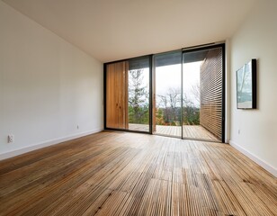 Obraz premium an empty well lit room with large windows and wooden flooring showcases a modern minimalist design combining simplicity and elegance in its architecture