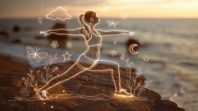 Woman in yoga pose with glowing outline and decorative elements on a beach at sunset view